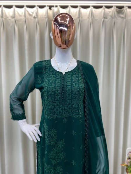 Dark Green Georgette Embroidery Kurti Set with Dupatta Premium Wedding Collection Lucknowi Chikankari Kurtis Wholesale