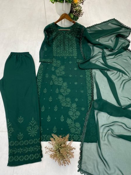 Dark Green Georgette Embroidery Kurti Set with Dupatta Premium Wedding Collection Lucknowi Chikankari Kurtis Wholesale