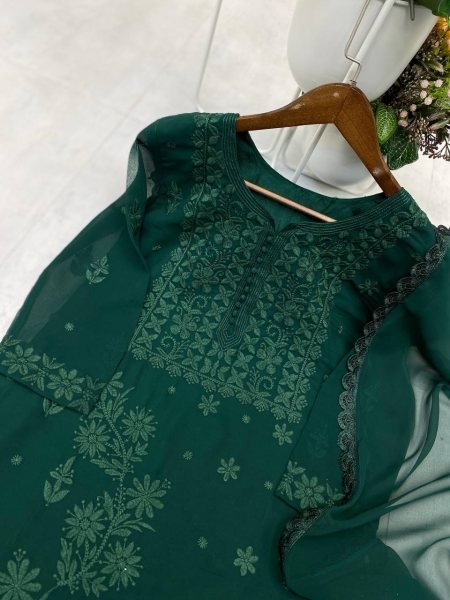 Dark Green Georgette Embroidery Kurti Set with Dupatta Premium Wedding Collection Lucknowi Chikankari Kurtis Wholesale