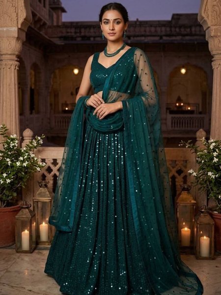 Dark Green Georgette Lehenga with Heavy Sequins Work and Velvet Border Dupatta at Bulk Rate  Lehenga