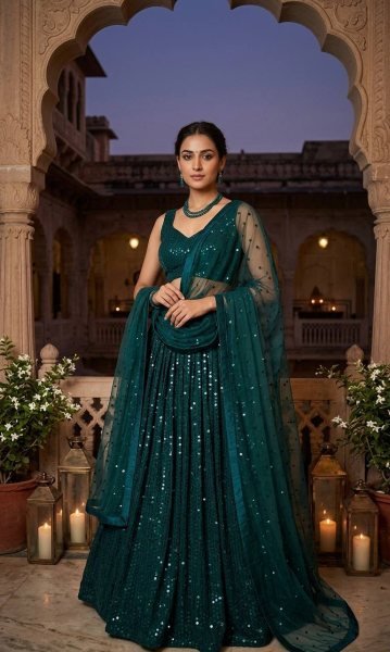 Dark Green Georgette Lehenga with Heavy Sequins Work and Velvet Border Dupatta at Bulk Rate Bollywood Lehenga Choli