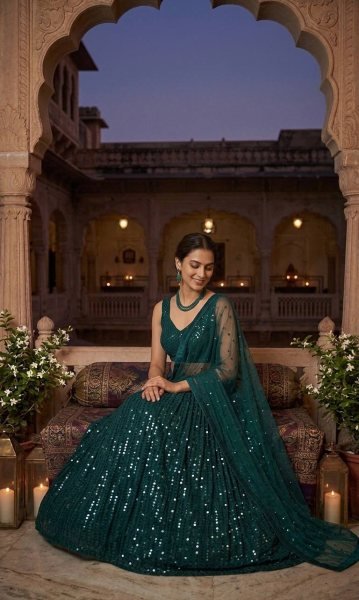 Dark Green Georgette Lehenga with Heavy Sequins Work and Velvet Border Dupatta at Bulk Rate Bollywood Lehenga Choli