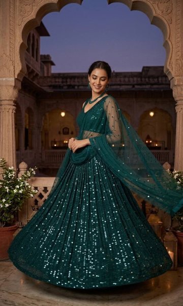 Dark Green Georgette Lehenga with Heavy Sequins Work and Velvet Border Dupatta at Bulk Rate Bollywood Lehenga Choli