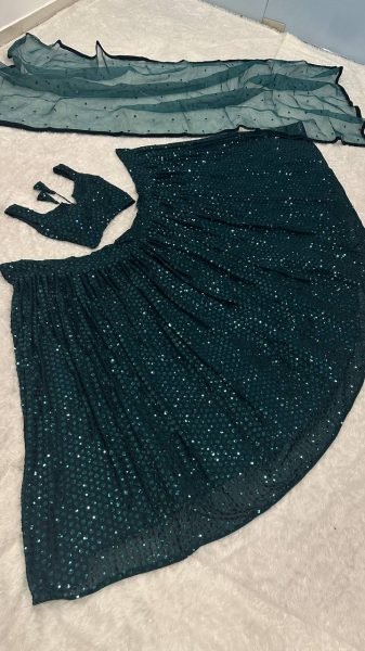 Dark Green Georgette Lehenga with Heavy Sequins Work and Velvet Border Dupatta at Bulk Rate Bollywood Lehenga Choli