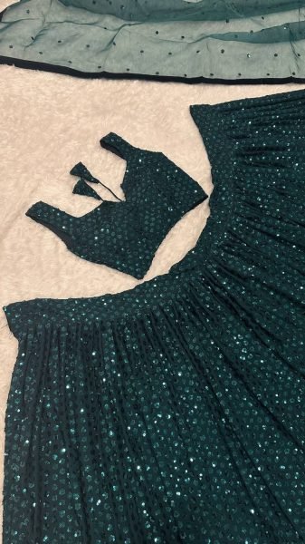 Dark Green Georgette Lehenga with Heavy Sequins Work and Velvet Border Dupatta at Bulk Rate Bollywood Lehenga Choli