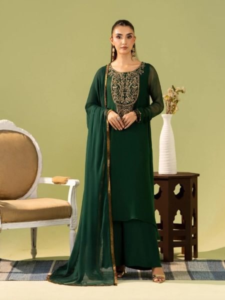 Dark Green Heavy Georgette Silk Embroidered Kurti Pant Dupatta Set at Wholesale Rate Kurtis