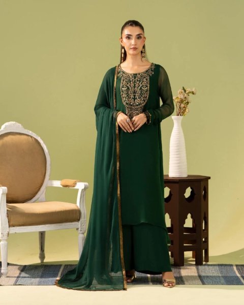 Dark Green Heavy Georgette Silk Embroidered Kurti Pant Dupatta Set at Wholesale Rate Georgette Kurti 