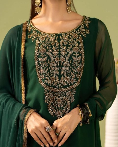 Dark Green Heavy Georgette Silk Embroidered Kurti Pant Dupatta Set at Wholesale Rate Georgette Kurti 