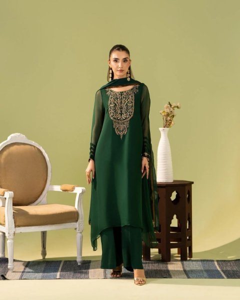 Dark Green Heavy Georgette Silk Embroidered Kurti Pant Dupatta Set at Wholesale Rate Georgette Kurti 