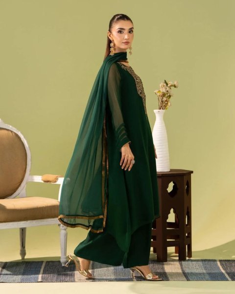 Dark Green Heavy Georgette Silk Embroidered Kurti Pant Dupatta Set at Wholesale Rate Georgette Kurti 