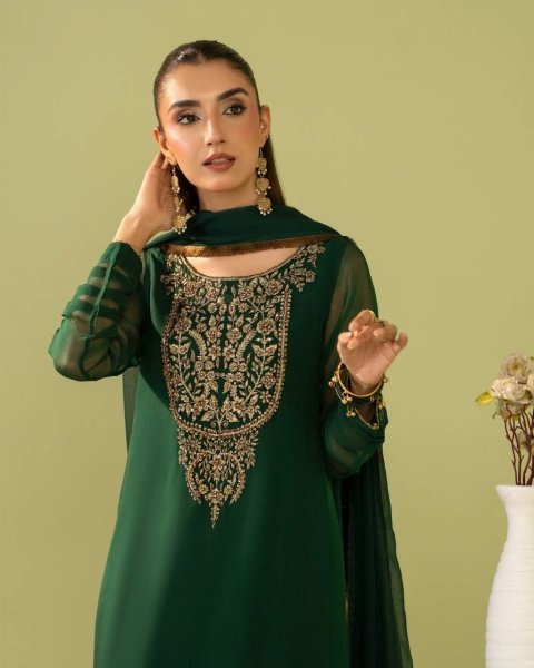 Dark Green Heavy Georgette Silk Embroidered Kurti Pant Dupatta Set at Wholesale Rate Georgette Kurti 