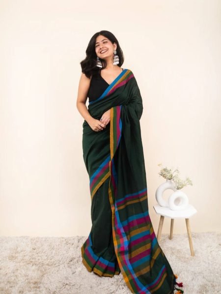 Dark Green Linen Cotton Digital Print Saree with Printed Unstitched Blouse at Manufacturer  Sarees 