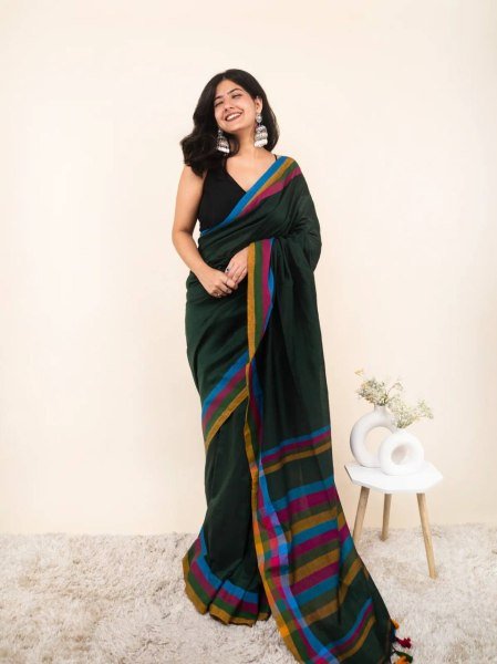 Dark Green Linen Cotton Digital Print Saree with Printed Unstitched Blouse at Manufacturer  Printed Cotton Sarees Wholesale