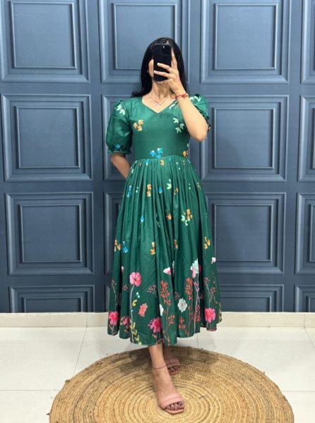 Dark Green Muslin Cotton Puff Sleeve Frock with Floral Print Office Look Cotton Kurtis Wholesale