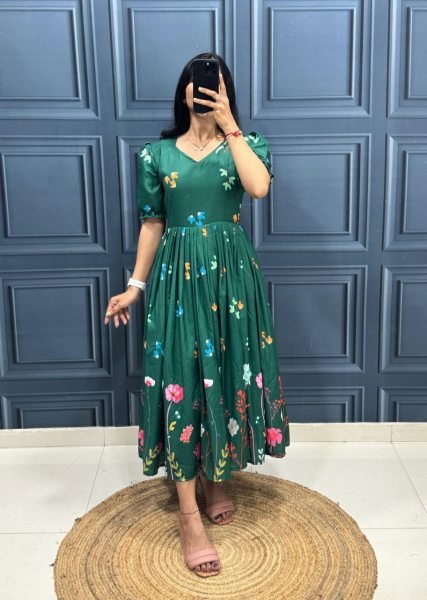 Dark Green Muslin Cotton Puff Sleeve Frock with Floral Print Office Look Cotton Kurtis Wholesale