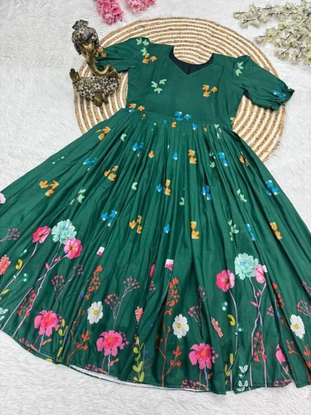 Dark Green Muslin Cotton Puff Sleeve Frock with Floral Print Office Look Cotton Kurtis Wholesale