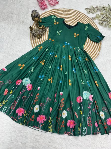 Dark Green Muslin Cotton Puff Sleeve Frock with Floral Print Office Look Cotton Kurtis Wholesale