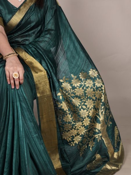 Dark Green Premium Raw Silk Saree with Golden Zari Border Wholesale Price Silk Sarees Wholesale