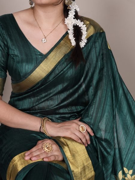 Dark Green Premium Raw Silk Saree with Golden Zari Border Wholesale Price Silk Sarees Wholesale