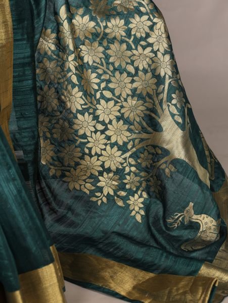 Dark Green Premium Raw Silk Saree with Golden Zari Border Wholesale Price Silk Sarees Wholesale