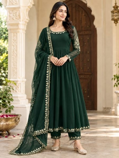Dark Green Ready to Wear Faux Georgette Gown with Thread and Sequin Work For Wedding Ready To Wear Suit