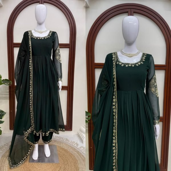Dark Green Ready to Wear Faux Georgette Gown with Thread and Sequin Work For Wedding Ready To Wear Collection