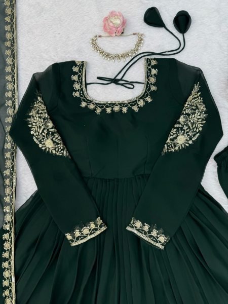 Dark Green Ready to Wear Faux Georgette Gown with Thread and Sequin Work For Wedding Ready To Wear Collection