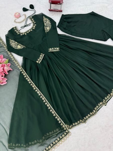 Dark Green Ready to Wear Faux Georgette Gown with Thread and Sequin Work For Wedding Ready To Wear Collection
