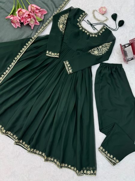Dark Green Ready to Wear Faux Georgette Gown with Thread and Sequin Work For Wedding Ready To Wear Collection