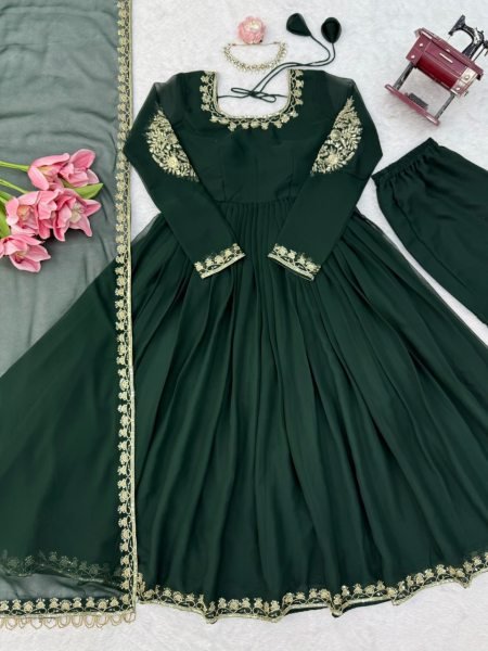 Dark Green Ready to Wear Faux Georgette Gown with Thread and Sequin Work For Wedding Ready To Wear Collection