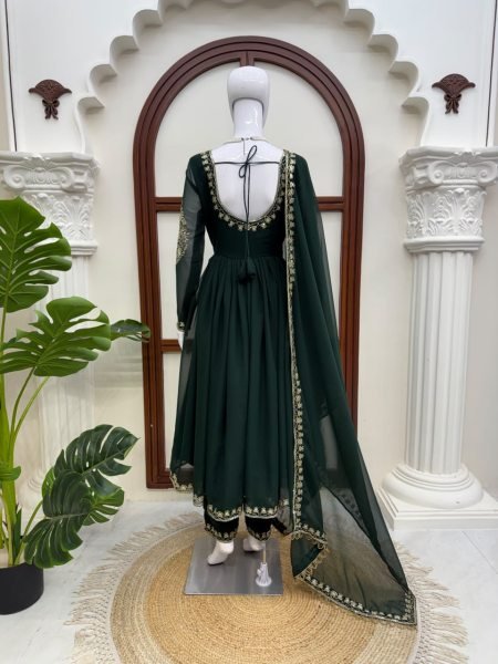 Dark Green Ready to Wear Faux Georgette Gown with Thread and Sequin Work For Wedding Ready To Wear Collection