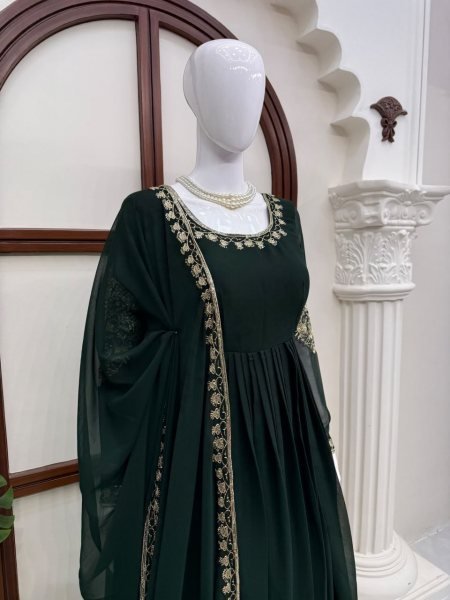 Dark Green Ready to Wear Faux Georgette Gown with Thread and Sequin Work For Wedding Ready To Wear Collection