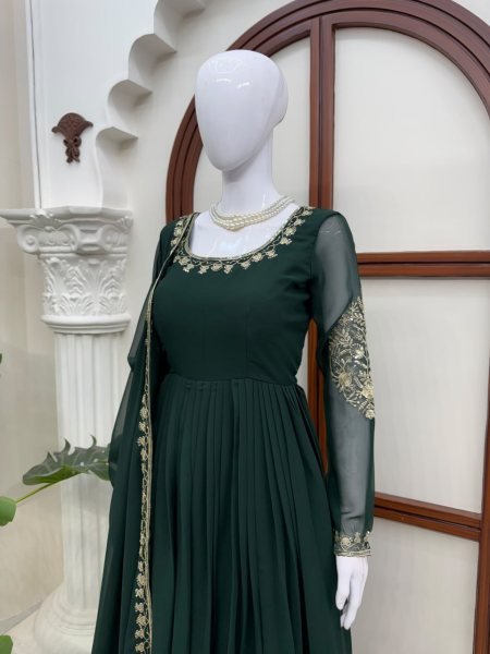 Dark Green Ready to Wear Faux Georgette Gown with Thread and Sequin Work For Wedding Ready To Wear Collection