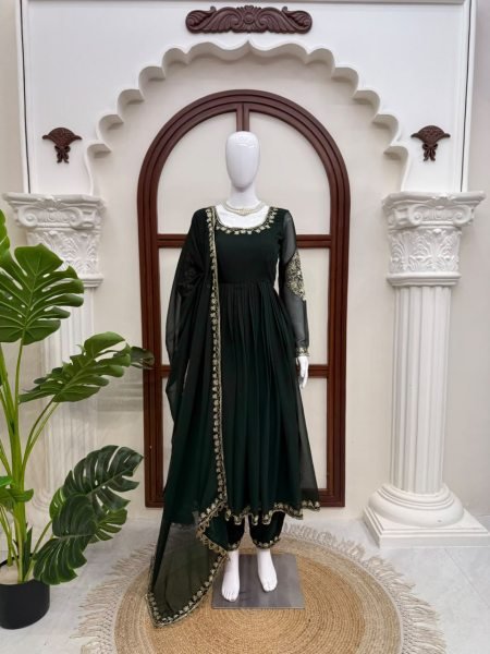 Dark Green Ready to Wear Faux Georgette Gown with Thread and Sequin Work For Wedding Ready To Wear Collection