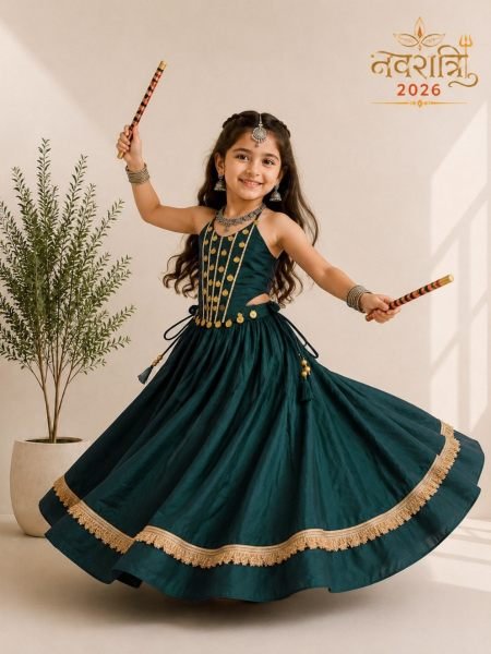Dark Green Roman Silk Kids Chaniya Choli with Handwork Mirror Work for Navratri 2026 