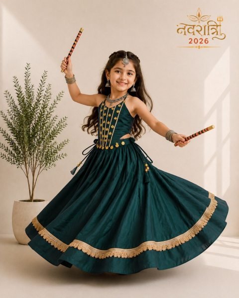 Dark Green Roman Silk Kids Chaniya Choli with Handwork Mirror Work for Navratri 2026 Girls Wear