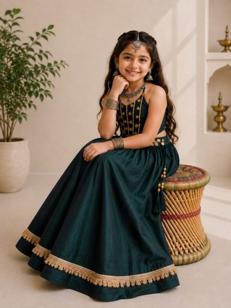 Dark Green Roman Silk Kids Chaniya Choli with Handwork Mirror Work for Navratri 2026 Girls Wear