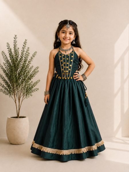 Dark Green Roman Silk Kids Chaniya Choli with Handwork Mirror Work for Navratri 2026 Girls Wear