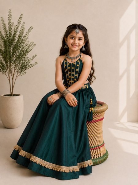 Dark Green Roman Silk Kids Chaniya Choli with Handwork Mirror Work for Navratri 2026 Girls Wear