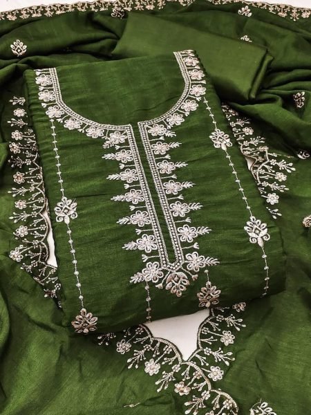 Dark Green Vichitra Silk Dress Material with Dupatta and Santoon Bottom  Dress Material 