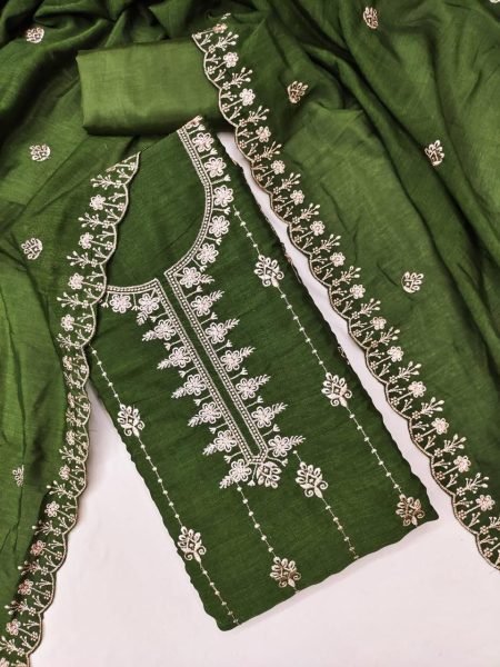 Dark Green Vichitra Silk Dress Material with Dupatta and Santoon Bottom  Color Set Matching Dress Material Wholesale