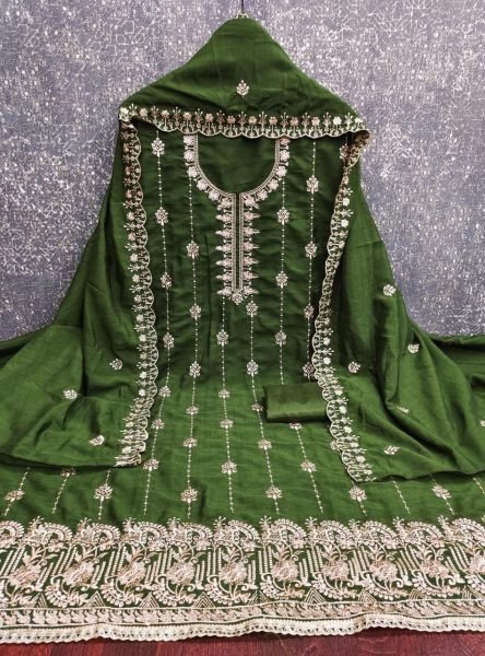 Dark Green Vichitra Silk Dress Material with Dupatta and Santoon Bottom  Color Set Matching Dress Material Wholesale