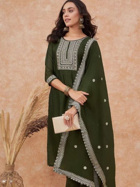Dark Green Vichitra Silk Kurta Palazzo Set with Dupatta Set at Wholesale Rate Kurtis