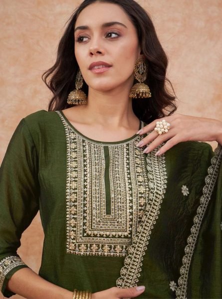 Dark Green Vichitra Silk Kurta Palazzo Set with Dupatta Set at Wholesale Rate 3 Piece Kurti Set