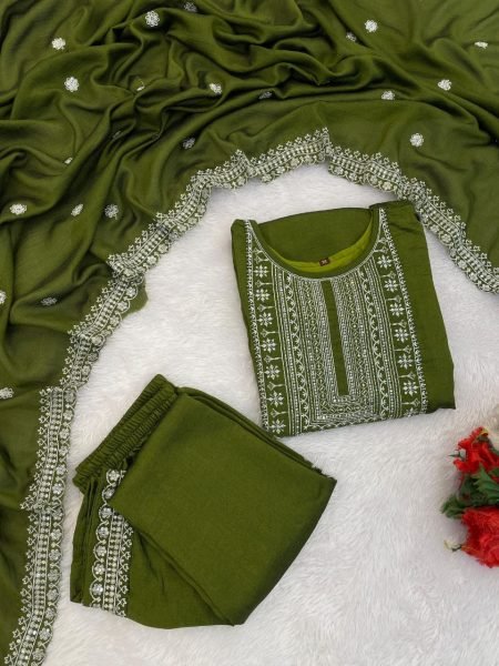 Dark Green Vichitra Silk Kurta Palazzo Set with Dupatta Set at Wholesale Rate 3 Piece Kurti Set