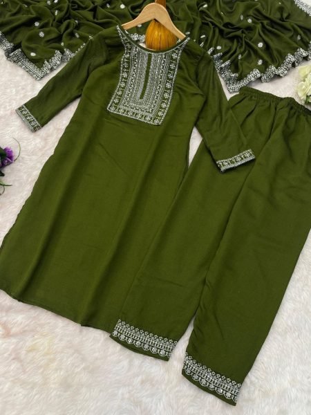 Dark Green Vichitra Silk Kurta Palazzo Set with Dupatta Set at Wholesale Rate 3 Piece Kurti Set