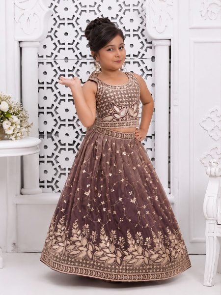 Dark Mauve Soft Chinon Silk Party Wear Lehenga Choli with Butterfly Net Dupatta 