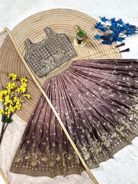 Dark Mauve Soft Chinon Silk Party Wear Lehenga Choli with Butterfly Net Dupatta Girls Wear