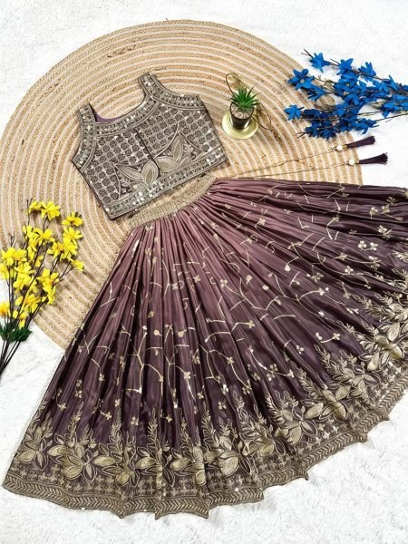 Dark Mauve Soft Chinon Silk Party Wear Lehenga Choli with Butterfly Net Dupatta Girls Wear