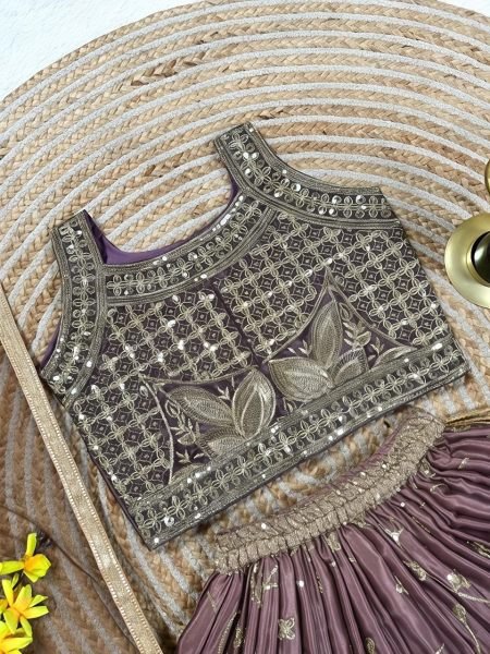 Dark Mauve Soft Chinon Silk Party Wear Lehenga Choli with Butterfly Net Dupatta Girls Wear